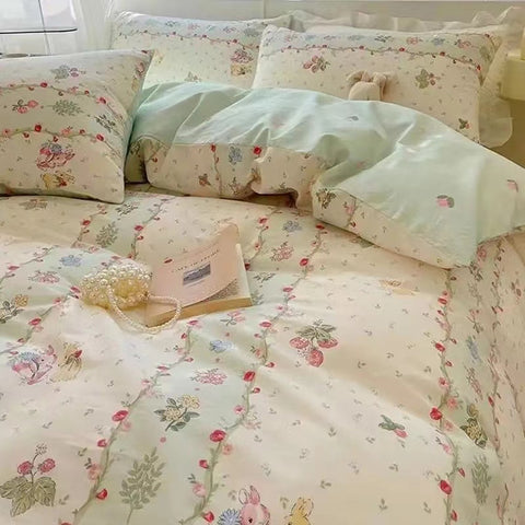 Sonicelife Strawberry And Flowers Bedding Sets Solid Color Girls Boys Double Size Flat Sheet Duvet Cover Pillowcase Bed Linen Home Textile