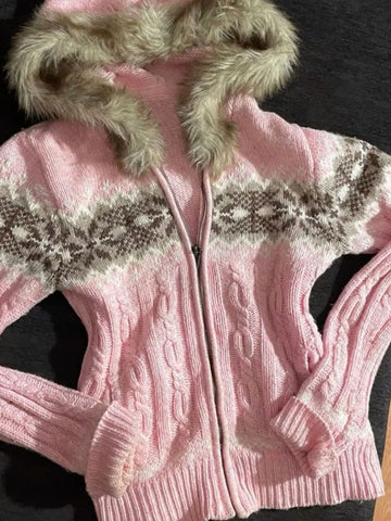 Sonicelife Fair Isle Aesthetics Women's Autumn Winter Knitted Fur Collar Cardigan Sweater Harajuku Retro Y2K Hoodie Hip Hop Goth Streetwear
