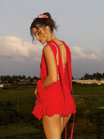 Sonicelife Elegant Ruffles Hem Red Mini Dress Women Fashion Lace Up Flare Long Sleeve A-line Dresses Summer Lady Party Gowns Holiday 2025