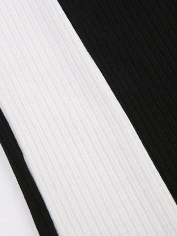 Sonicelife-Contrast Color Splice Zipper Collar Neck Long Sleeve Knit