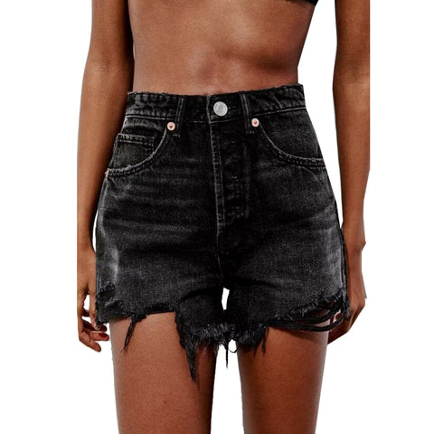 Sonicelife Women's New Shorts Fashionable Perforated Decoration High Waist Mini Ragged Edge Denim Shorts