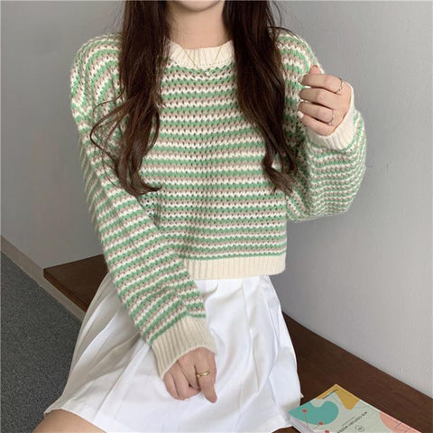 Black Friday Sonicelife Korean Striped Sweater Women Loose Lazy Fall Winter O-Neck Knitted Pullover Harajuku Sweet Pretty Style School Jumpers Tops