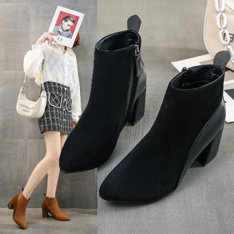 Sonicelife 2025  Autumn/Winter Women Ankle Boots Pointed Fashion Short  Suede Panel Side Zipper Thick Heels Women's Shoes Large 44