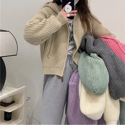 Black Friday Sonicelife Autumn Casual Knitted Cardigan Women Korean Chic Solid Long Sleeve Zipper Sweater Fashion All Match Preppy O Neck Outwear