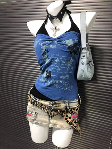 Sonicelife Summer Retro Fake Two-piece Printed T-shirt Women Y2K Streetwear Hot Girl Sexy Slim Off Shoulder Millennium Harajuku Casual Tops