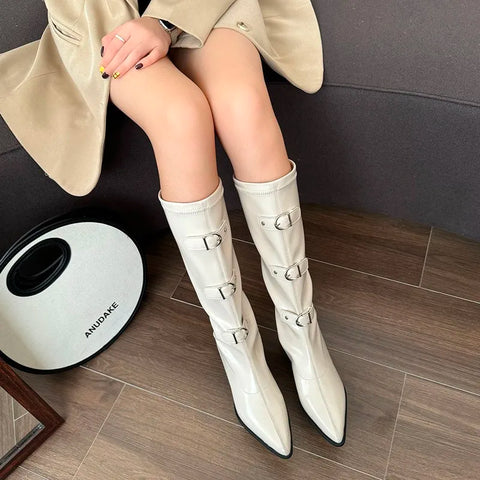 Sonicelife Pointed Toe Women Knee High Boots Belt Buckle Design Black Brown Wedge High heels Slip On Winter Knight Chelsea Botas Sexy Party