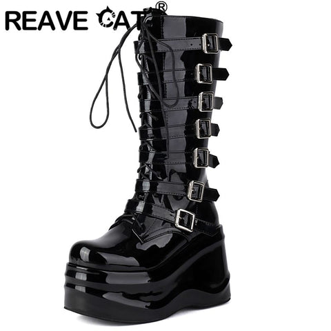 thanksgiving outfit Sonicelife Women Boots Round Toe Patent Leather Wedges 10.5cm Platform Hill 6.5cm Lace Up  Booties