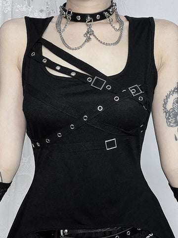 Sonicelife Harajuku Cyber Y2k Gothic Vest Women Streetwear Hipster Eyelet Bandage Irregular Hem Crop Tank Tops Punk Rave Outfits