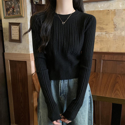 Black Friday Sonicelife Elegant Knitted Pullover Women Korean Slim Stretch Vertical Pit Stripes Solid Sweater Spring Fall Long Sleeved O-Neck Female Top