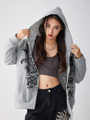 thanksgiving outfit Sonicelife Women Vintage Zip Up Hoodie Long Sleeve Oversized Sweatshirts Y2K Gothic Jacket Pullover Streetwear