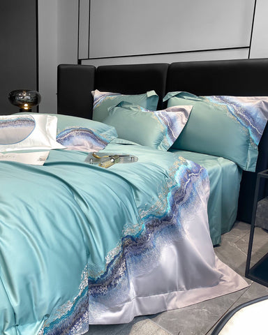 Sonicelife Long staple cotton mountain and sea embroidery four piece set of pure cotton simple contrasting color bedding