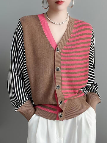 christmas outfit Sonicelife Long Sleeves Loose Buttoned Contrast Color Split-Joint Striped V-Neck Cardigan Tops Knitwear