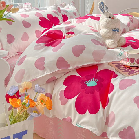 Sonicelife Ins Pink Rose Bedding Set Polyester Bed Sheet Pillowcase Quilt Cover Full Twin Queen Size Bed Linen Girls Floral Duvet Cover