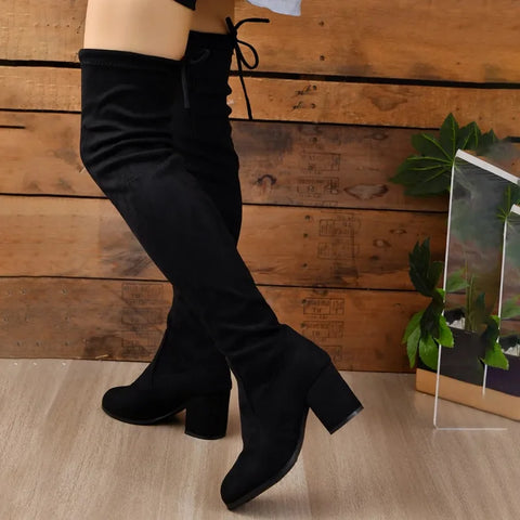 Sonicelife Women Boots Winter Black Over The Knee Boots 2025  New Comfort High Heels Shoes Fashion Warm Lace Up Long tube square heel Boots