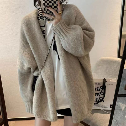 Sonicelife Autumn Winter Thicken Warm Women Cardigan Sweater Korean Lazy Wind Soft All Match Cardigans Tops Solid Loose Knitted Coats