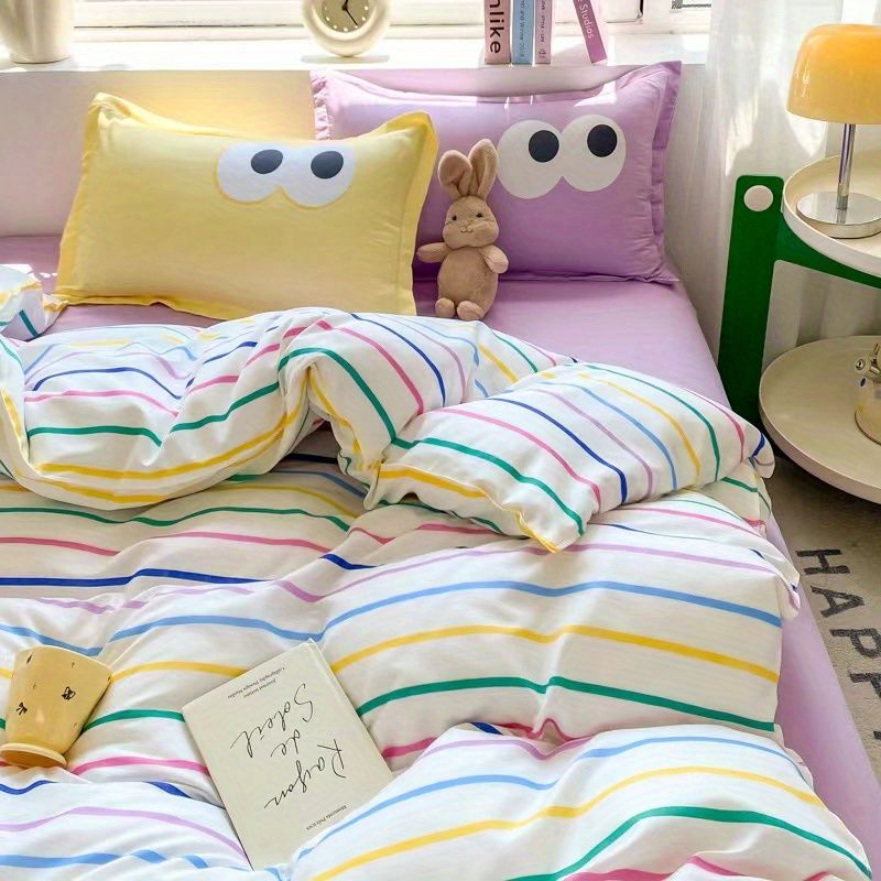 Sonicelife Big Eyes Bedding Set 2024 New Colorful Boys Girls Duvet Cover No Filler Pillowcase Flat Sheet Twin Queen Size Home Bedspread