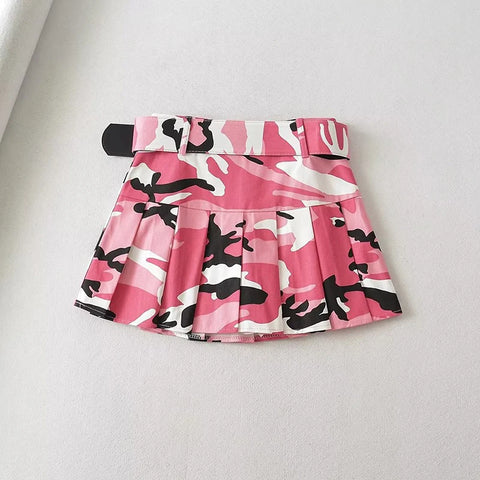 Sonicelife Street Women Pink Camouflage Pleated Mini Skirts Dance School Girls High Waist Belt Camo Pleated Skirt Cosplay A Line Skirts New