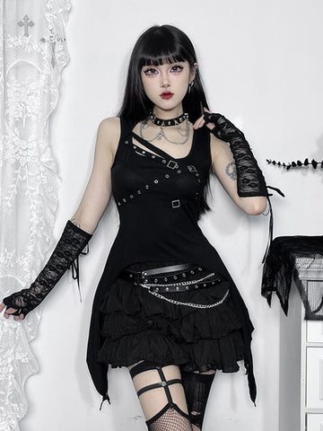 Sonicelife Harajuku Cyber Y2k Gothic Vest Women Streetwear Hipster Eyelet Bandage Irregular Hem Crop Tank Tops Punk Rave Outfits