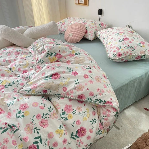 Sonicelife Bedding Set  Girls Cherry  Soft Washed Cotton Bed Sheet Queen King Size Duvet Set  Comforter Set Pillowcase Bed Linens