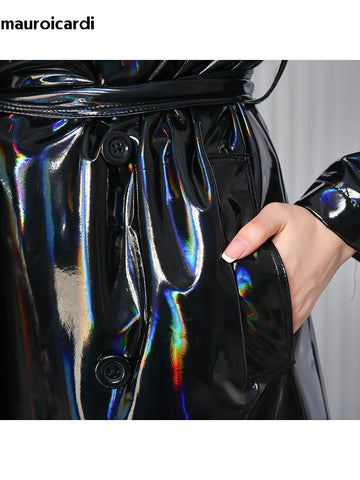 christmas outfit Sonicelife Spring Soft Thin Flowy Shiny Reflective Holographic Black PVC Faux Leather Trench Coat for Women Maxi Y2K Streetwear