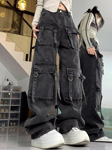 Sonicelife-Street Multi Pocket High Rise Cargo Jeans