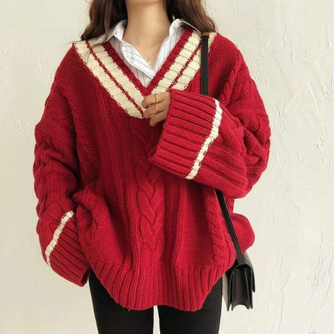 Sonicelife Oversize Sweet Women Sweaters Long Sleeve V Neck Vintage Lazy Wind Knitted Pullovers Korean Patchwork Casual Loose Jumper
