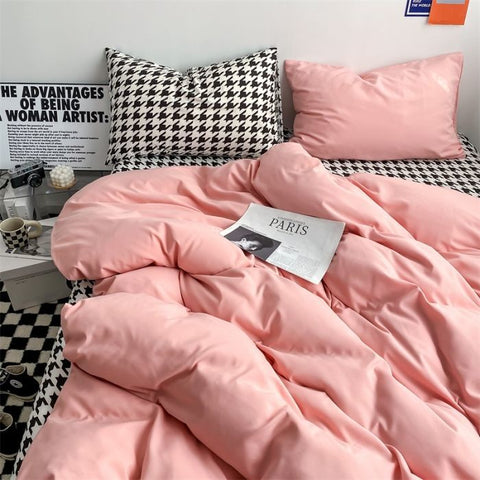 Sonicelife Checkerboard Bedding Sets Solid Color Fashion Single Double Queen Size Duvet Cover Flat Sheet Pillowcases Hotel Home Bed Linen