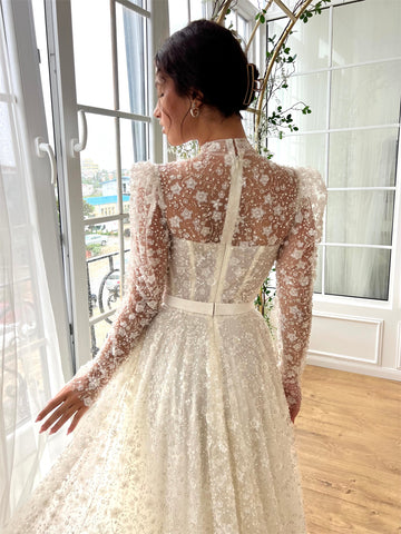 Sonicelife Customized Appliques Mesh Sleeves Tiered Ruffle A-line Wedding Dress Floor-Length vestidos de noche Cut-out Party  Dress-(PRE-ORDER)