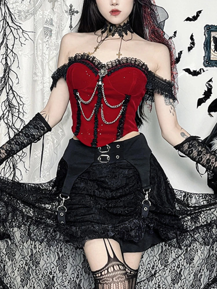 Sonicelife Christmas Dark Goth Red Vest Women Vintage Streetwear Y2k E-girl Cyber Punk Lace Chain Patchwork Crop Tank Tops Clubwear