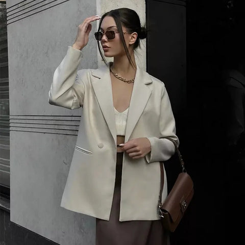 Sonicelife Elegant Solid Women's Suit Coat Loose Lapel Long Sleeve One Button Shoulder Pads Female Jackets 2024 Autumn Lady Commute Outwear