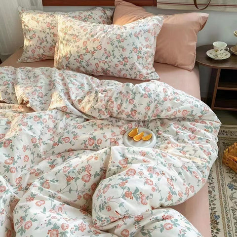 Sonicelife Ins Pink Flowers Bedding Set Fashion Flat Sheet Duvet Cover No Filling Pillowcase Twin Full Queen Nordic Boy Girl Bed Linen