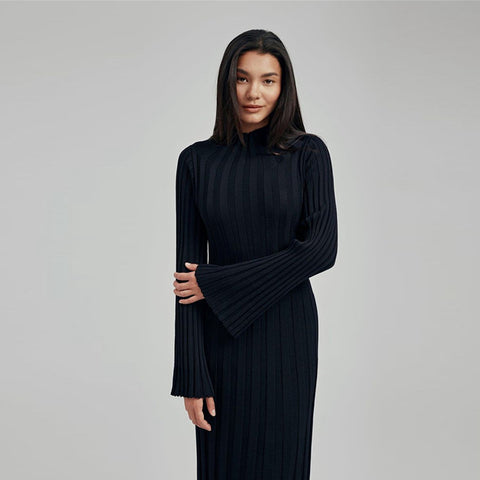 Sonicelife Elegant Knit Ribbed Long Dress Women Solid Half High Collar Flare Sleeve Pleated Party Dresses 2024 Autumn Lady Straight Gown