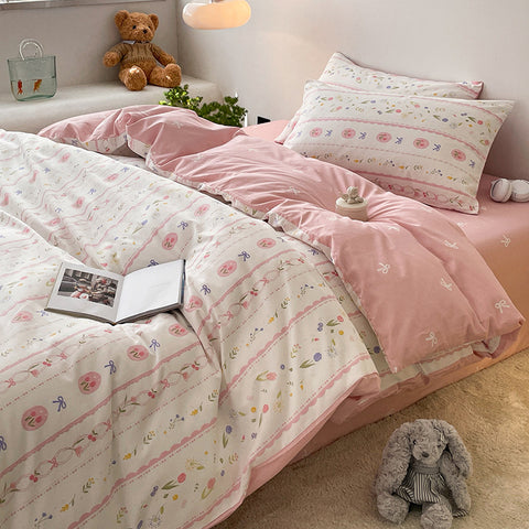 Sonicelife Cotton Bedding Set Floral Rabbit Ins No Filler Duvet Cover Flat Sheet Pillowcase Full King Size Soft BedSpread Home Textile