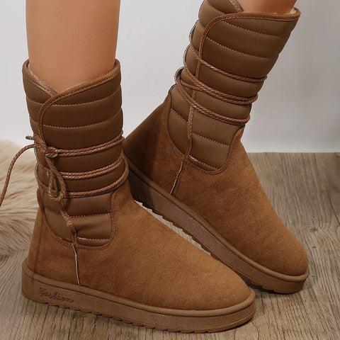 Sonicelife 2025 Platform Mid-calf Boots Womens Winter Warm Plush Suede Snow Boots Waterproof Designer Flats Lace Up  Cotton Shoe Boots