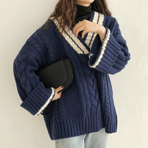 Sonicelife Autumn Winter  Women Thickened Warm Sweater Ribbed Patchwork V-Neck Loose Casual Pullovers Knit Office Jumpers Sweater