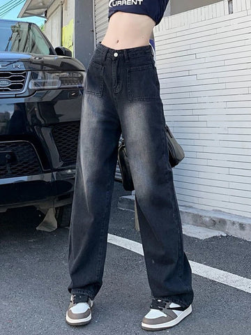 Sonicelife Vintage Jeans Women Y2K High Street Loose High Waist Wide Leg Denim Pants Korean Casual Streetwear Straight Denim Trousers