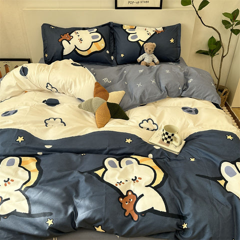 Sonicelife Cute Rabbit Bedding Set Flat Sheet Duvet Cover Pillowcases Single Double Queen Size Bed Linen Boys Girls Home Textile