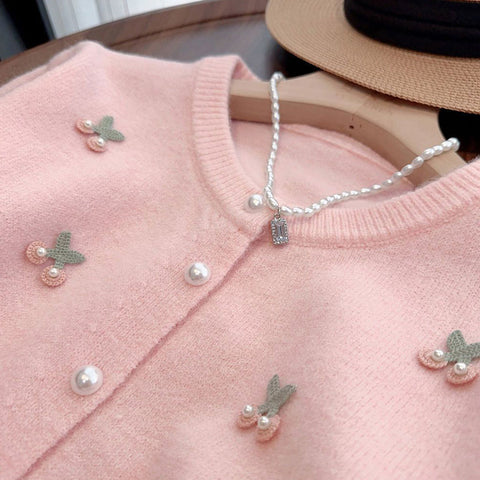 Black Friday Sonicelife Sweet Knitted Cardigan Women Pink 3D Chelsea Pearl Button O-Neck Chic Sweater Fashion Pretty Style Gentle Korean Tops