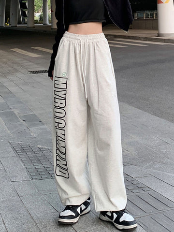 Sonicelife Women Streetwear Letter Sweatpants Loose High Waist Retro Harajuku Trousers Casual Lace Up American Fall Bf Oversize Pants