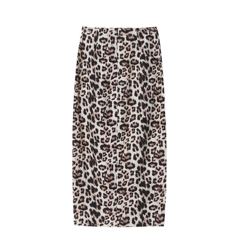 Sonicelife Women's new leopard print midi skirt with buckle and pleat decoration, fashionable commuting temperament Midi skirt