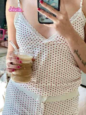 Sonicelife Blue Heart Print Chic Tank Camis + Shorts Two Piece Set For Women V-neck Lace Trim Sweet Y2K Tops Vest Trouser Home Women Suit