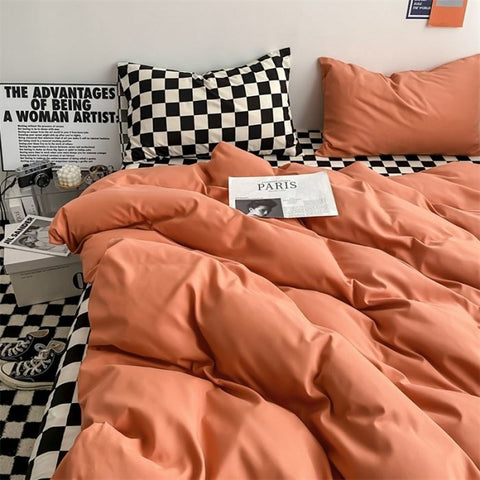 Sonicelife Checkerboard Bedding Sets Solid Color Fashion Single Double Queen Size Duvet Cover Flat Sheet Pillowcases Hotel Home Bed Linen