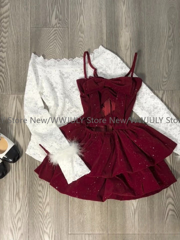 Sonicelife Women Rave Birthday 2000s Shoujo Girl Korean Fashion Outfits 3 Piece Set Long Sleeve Lace Tops + Red Velvet Cami Dress + Shorts