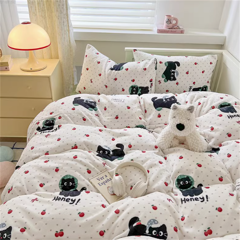 Sonicelife Ins Milk Velvet Bedding Four-Piece Set Thick Double-Sided Flannel Quilt Cover Plus Velvet Sheets Winter Bedding Three-Piece Set