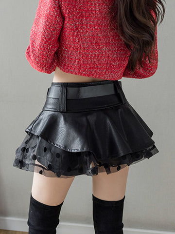 Sonicelife Emo Alt Gothic Pu Skirt Women Streetwear Harajuku Grunge Mesh Patchwork with Belt Mini Skirt Nightclub Sexy Rave Outfits