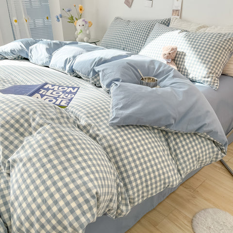 Sonicelife 2024 New Bedding Set Ins Nordic Style Blue Grid Washed Cotton 4 pcs Bed Sheet Set For Girls Duvet Cover and Pillowcase