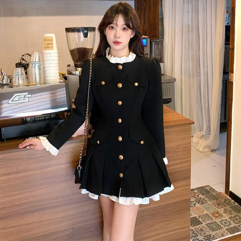 Sonicelife French Plaid Dresses Women Autumn Winter New Ruffles O Neck Single Breasted Pleated Dress Korean Slim Elegant Vintage Vestidos