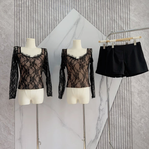 Sonicelife Women Sexy Slim Elegant Vintage Lace Tops + Office Lady High Waist Black Shorts 2025 Summer New 2 Piece Sets Korean Fashion Chic