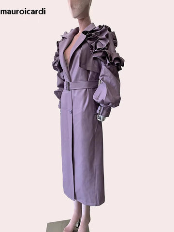 christmas outfit Sonicelife Spring Long Soft Purple Faux Leather Trench Coat for Women with Ruffled Lantern Sleeve Elegant Luxury Chic Overcoat