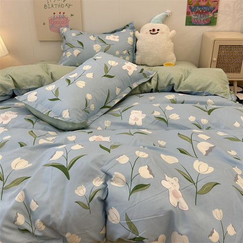 Sonicelife Floral Bedding Set Korean Style Twin Double Size Duvet Cover No Filling Pillowcases Sheet Fashion Boys Girls Gift Home Textile